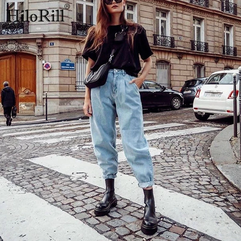 Женские свободные джинсы HiloRill синие с высокой талией длинные карманами большие