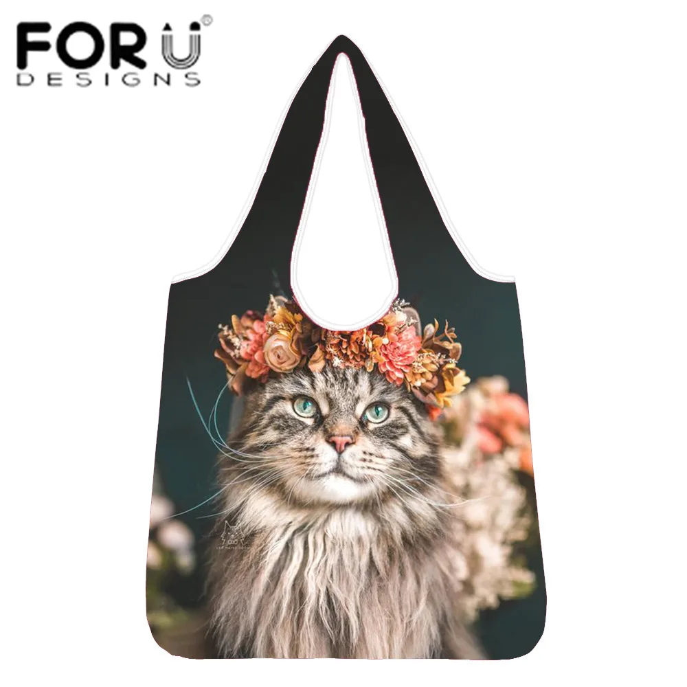

FORUDESIGNS Durable Lightweight Shopping Bags Floral Cat Print Reusable Foldable Totes Large Size Bags Washable Eco-Friendly New