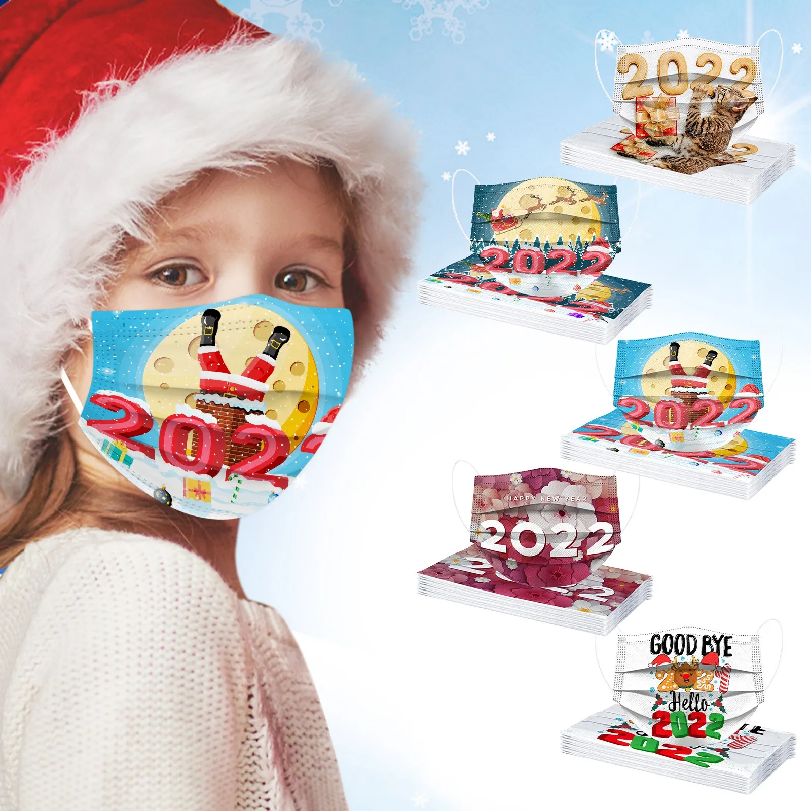 

50pcs Kids Christmas Mask Xmas Printing Disposable Face Mask Santa Claus Snowman Industrial 3-layer Masks Mascara De Navidad