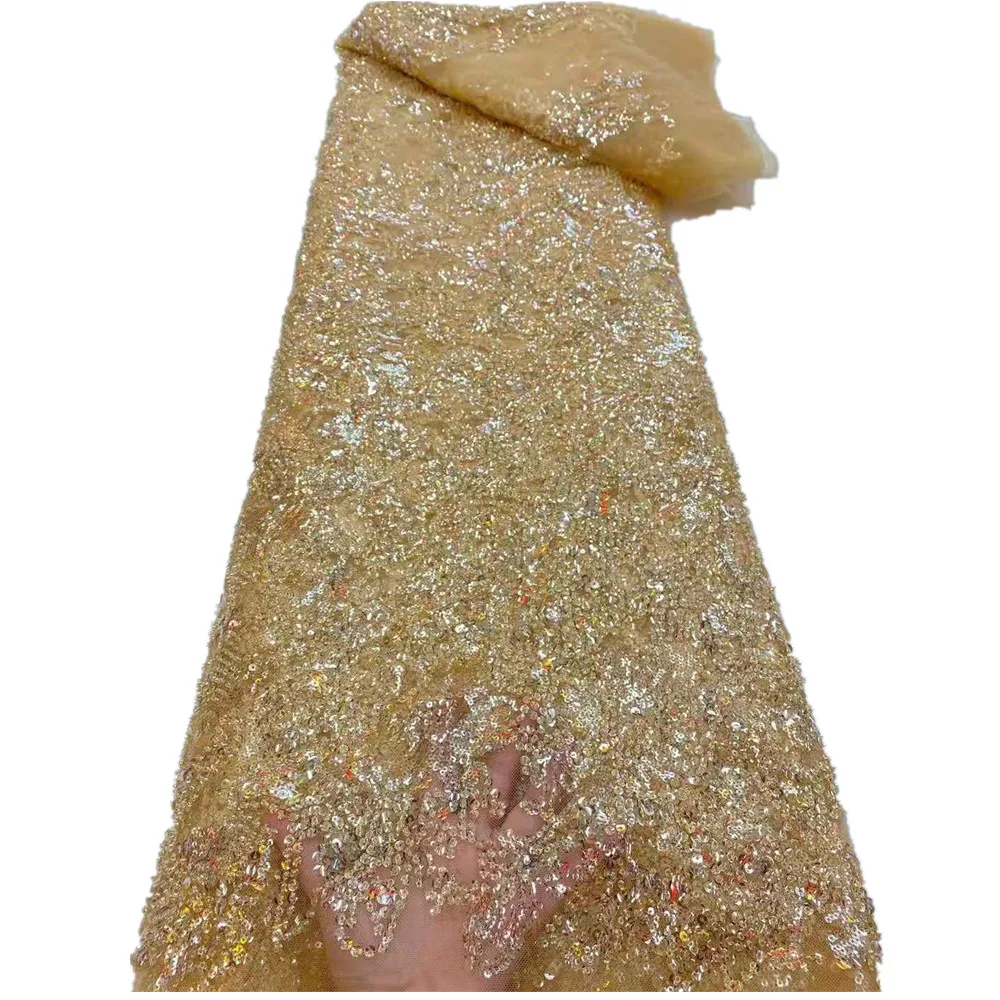 

Latest African Lace Fabric French Net Lace With Sequins Embroidery Nigerian Mesh Lace Fabric For Wedding Party Dress RF-450