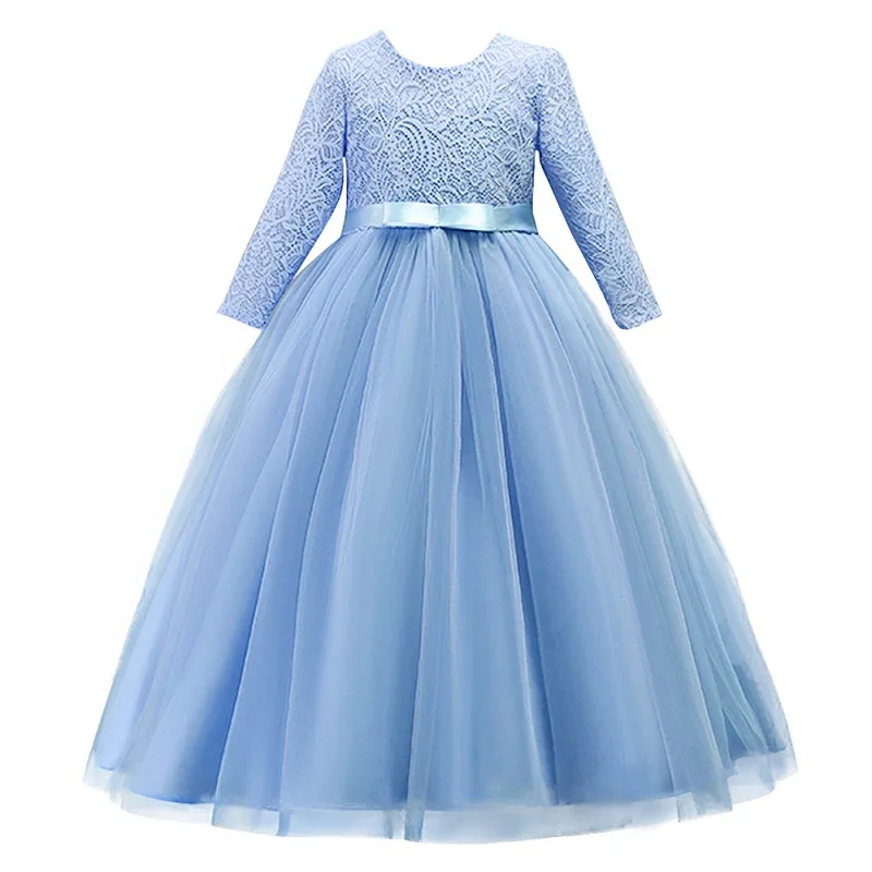 sky blue Модное Новое Детское платье для девочек, 3/4 рукав, высокая талия, зеленое кружевное Тюлевое платье с v-образным вырезом на спине элегантное праздничное платье принцессы для девочек на день рождения - Цвет: sky blue