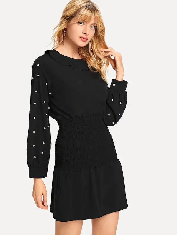 Платье с длинным рукавом и бусинами круглым вырезом узкой талией V155 новый дизайн