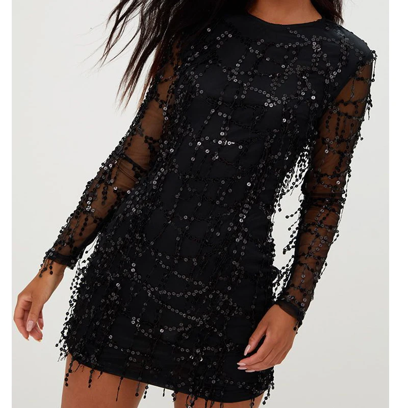 Сексуальное женское облегающее черное платье vestidos, платья для вечеринок, Украинская одежда sukienki, кружевное платье с блестками и длинным рукавом