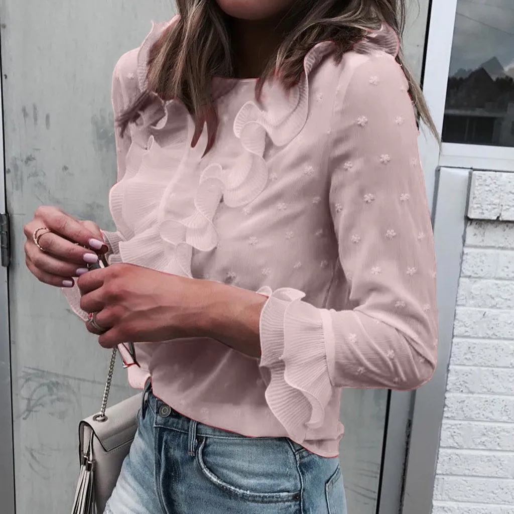 Женская Повседневная кружевная рубашка в горошек с круглым вырезом длинным