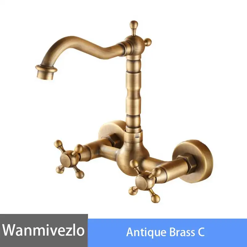Antique Brass C Черный бронзовый кран для ванной комнаты, настенный кран для раковины, кран с двойной ручкой и вращением на 360 градусов, кран для холодной и горячей воды, Смеситель torneira - Цвет: Antique Brass C
