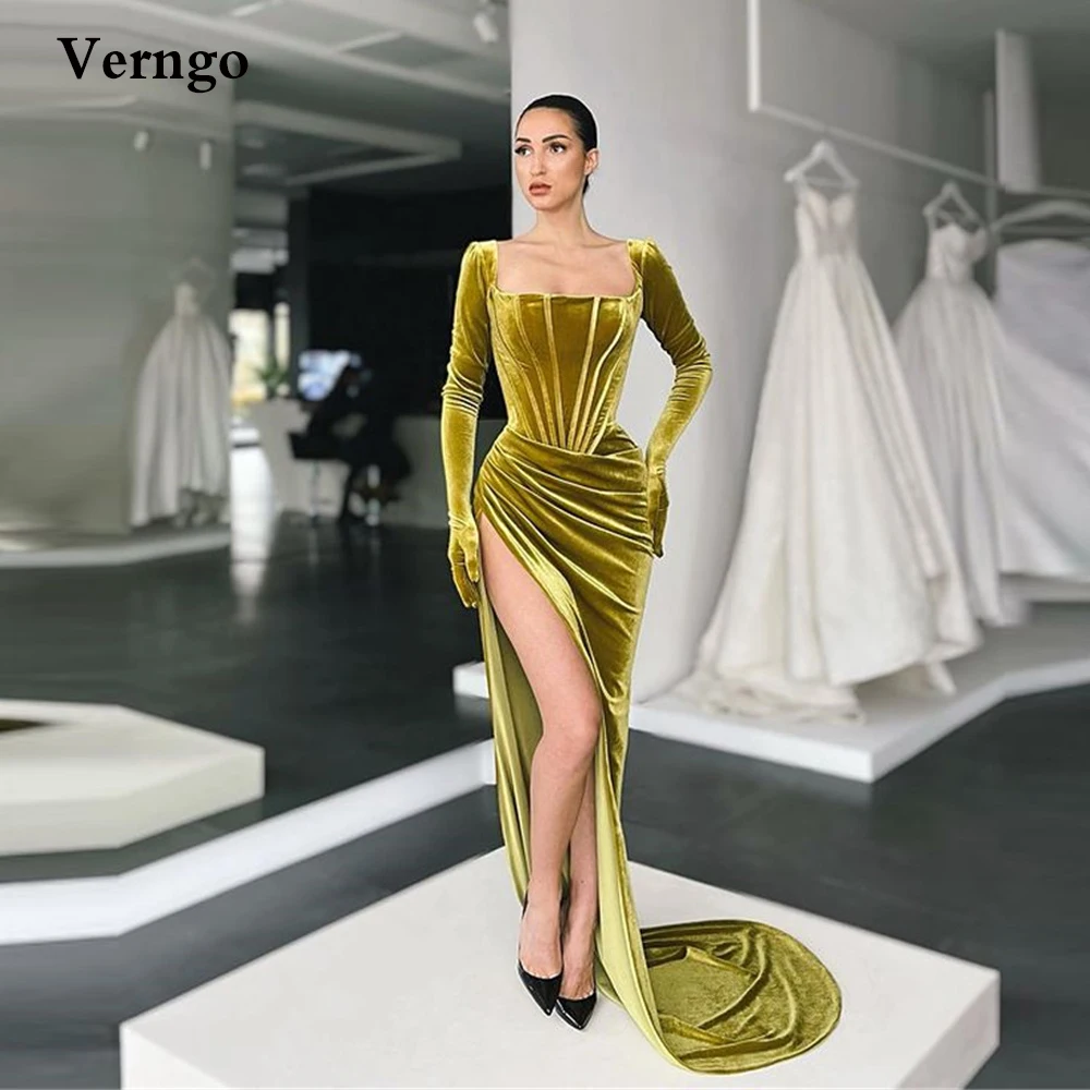 

Verngo Olive Green Velvet Mermaid Evening Dresses Long Sleeves Gloves Square Neck Bones High Slit Prom Dress 2022 Party Dress