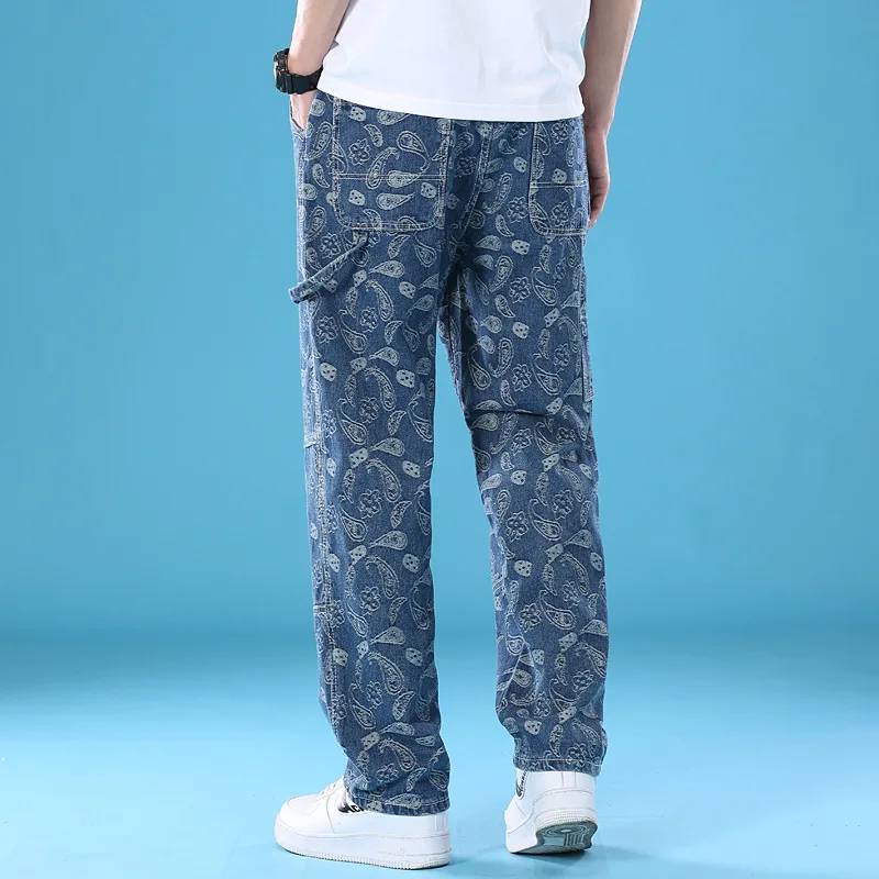 Men's Black Blue Straight Through Cashew Flower Hip Hop Loose Jeans Fashion Casual Street Style Jacquard Denim Trousers 3XL 4XL