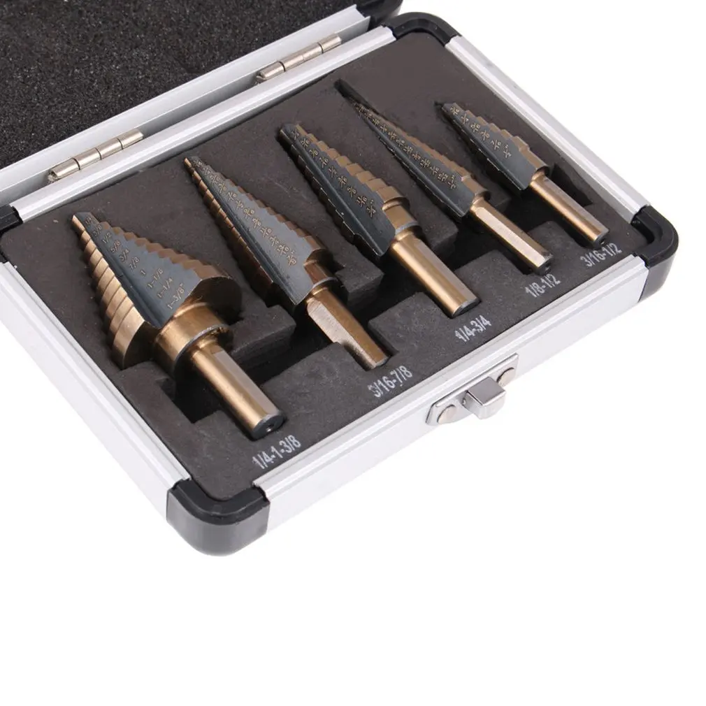 

5pcs/set Long life High Speed Steel with Cobalt Coated HSS Cobalt Multiple Hole 50 Sizes Step Drill Bit Set with Aluminum Case