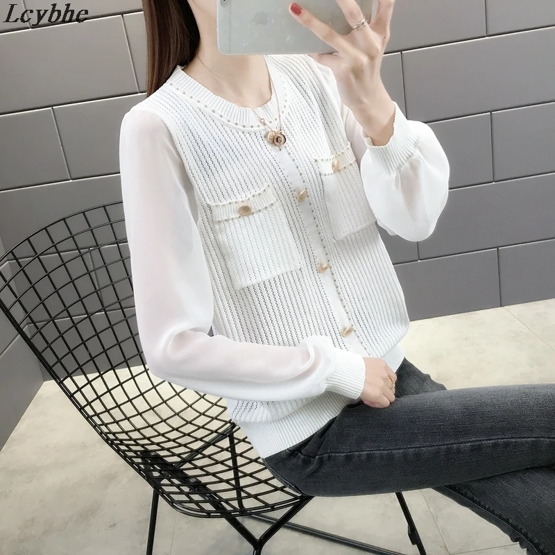 

1549943 [room 6, row 5, No. 5, middle] actual photo spring new hollow double pocket button cover knit sweater 2020ag