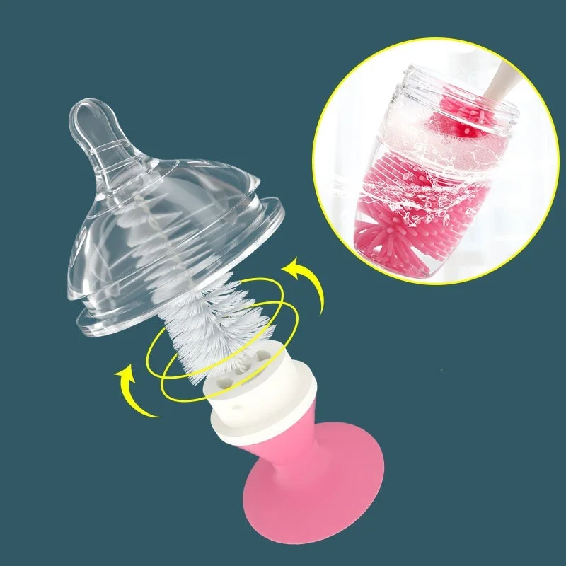 

2Pcs Baby Silicone Milk Bottle Brush 360 Degree Rotation Pacifier Cup Nipple Cleaning Set Handheld Soft Head Food Grade Watering