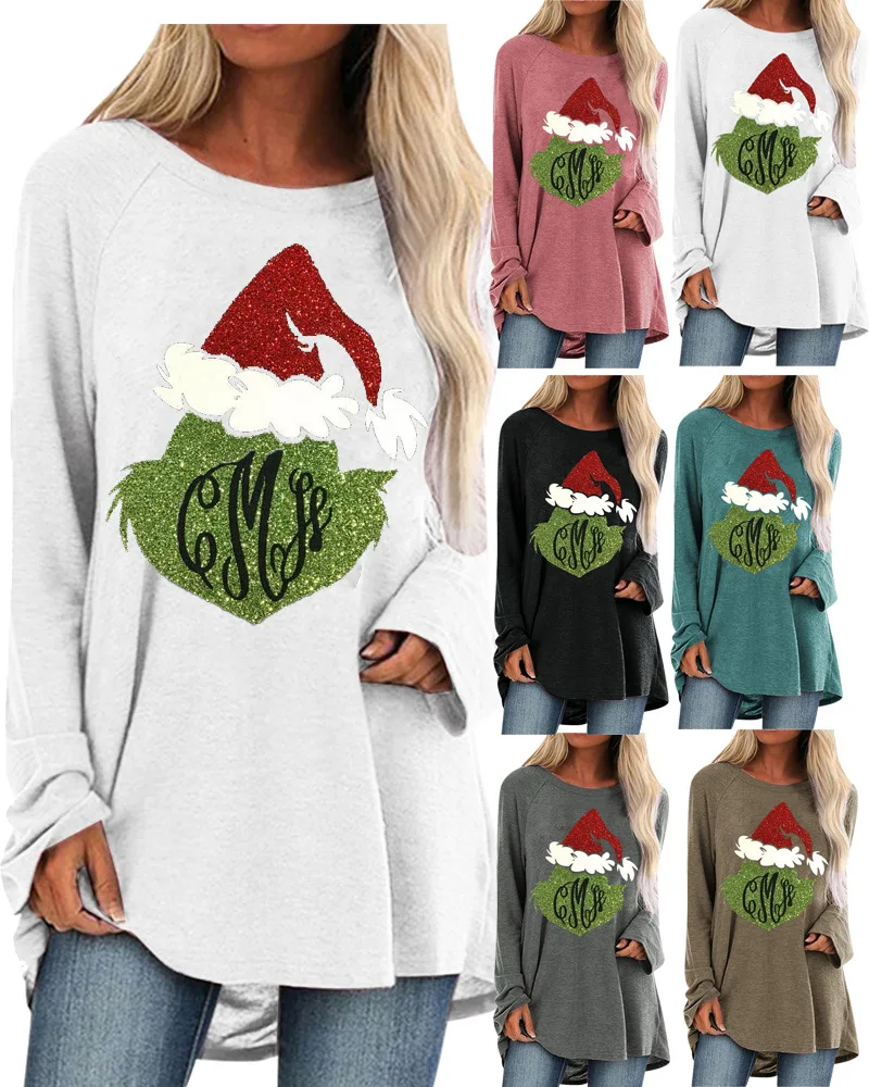 

Female Winter Autumn Plus Size Long Tops Shirts Women Abstract Christmas Hat Printed Round Neck Loose Casual Long Sleeve T-shirt