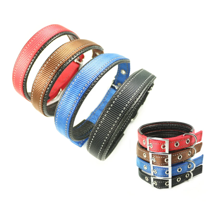 Ошейник для домашних животных светоотражающий регулируемый кожаный двойной