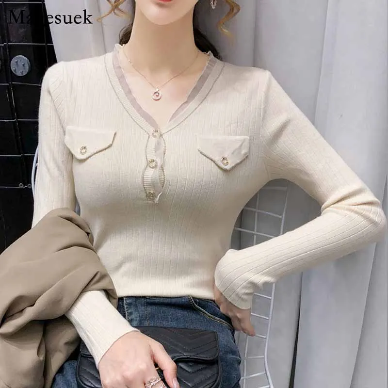 

Женский трикотажный свитер с V-образным вырезом и длинным рукавом