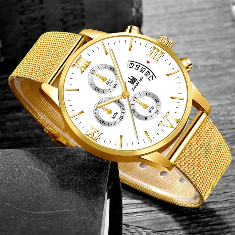 Роскошные золотые деловые часы из нержавеющей стали с сетчатым ремешком