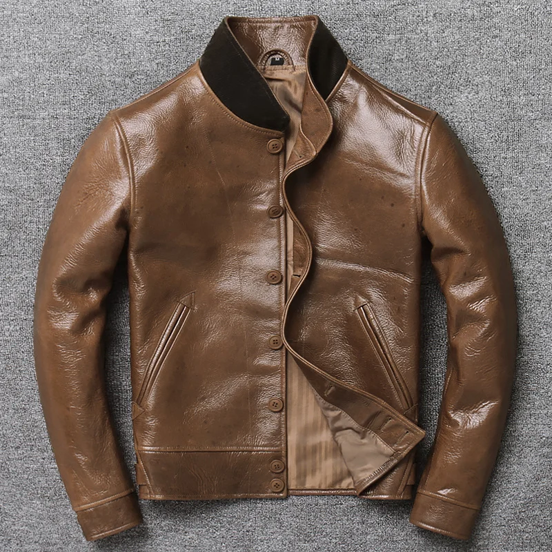 

American oil wax top layer sheepskin leather coat men's short slim fit Lapel casual leather jacket spring and autumn coat