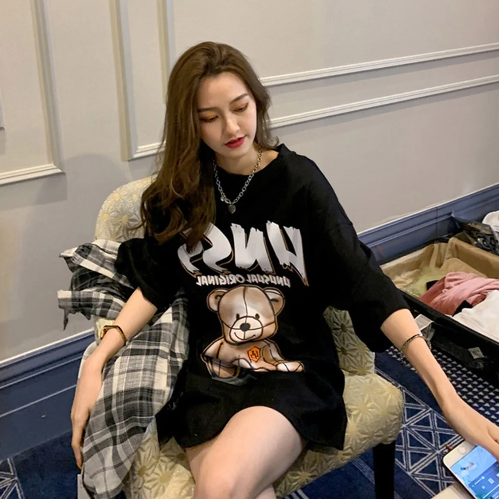 

Cotton short-sleeved t-shirt women loose 2021 new net red mid-length half-sleeved casual bear top