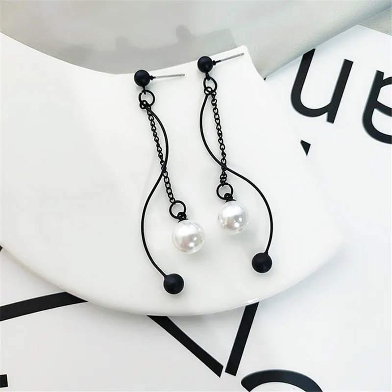 Новинка Корейская версия черные серьги с длинной кисточкой элегантные жемчугом