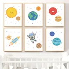 Мультфильм, планеты, космонавты и ракеты, солнце, земля, Марс, настенная живопись на холсте, скандинавские постеры и принты, настенные картины, декор для детской комнаты