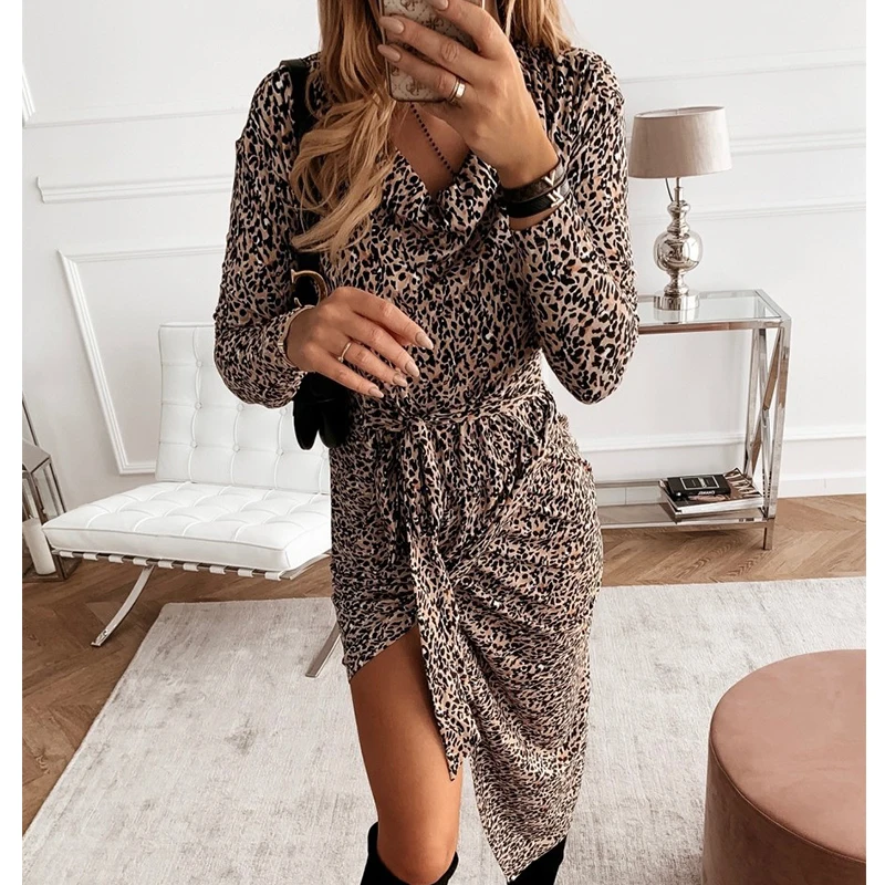

Women Leopard Print Irregular Dress Autumn Long Sleeve Lace Up Bodycon Dress Turtleneck Female Winter Sexy Club Party