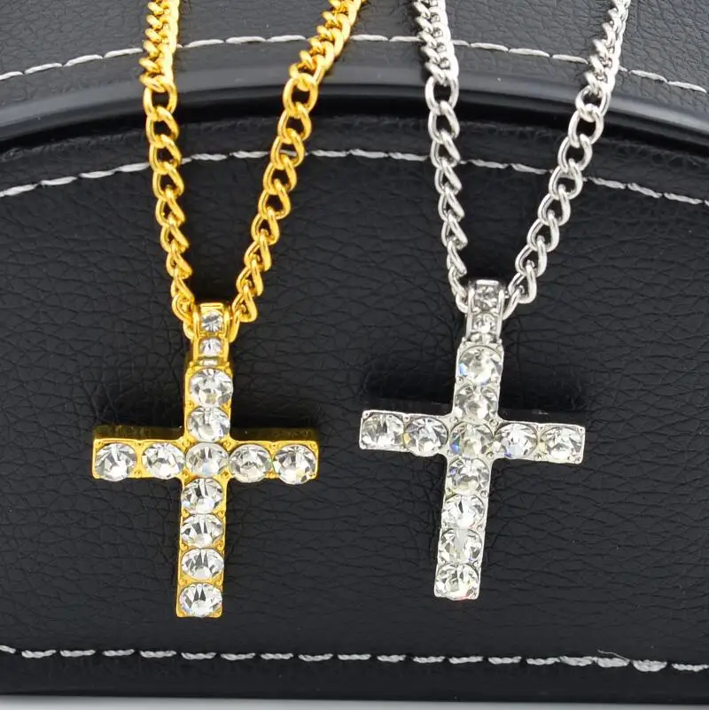 

2020 new arrival fashion silver color cross necklace jewelry women wedding shiny CZ zircon crystal pendant necklace party gift