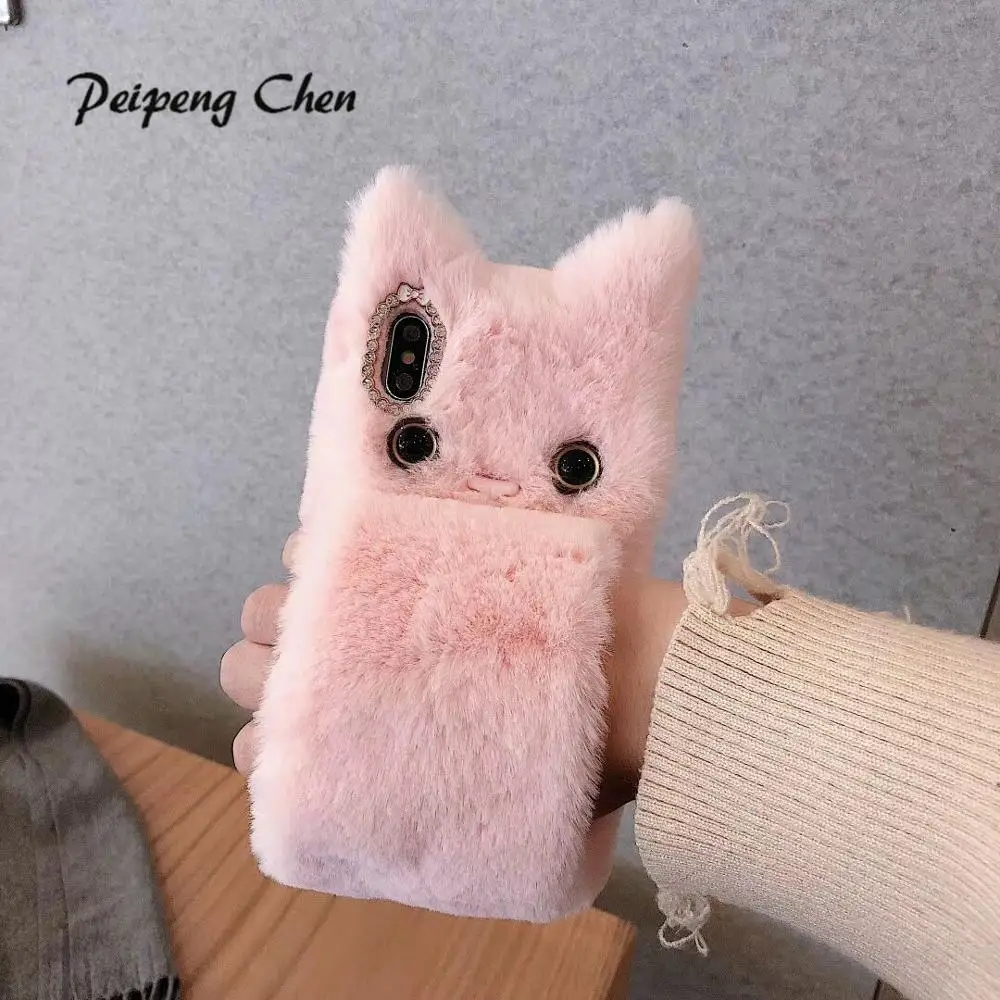 Pink cat PEIPENG 3D милый животный плюшевый собачий Пушистый Теплый Меховой чехол для телефона для iPhone 7 Plus силиконовый чехол для iPhone X XS Mas 8 7 6 6s Plus XR - Цвет: Pink cat