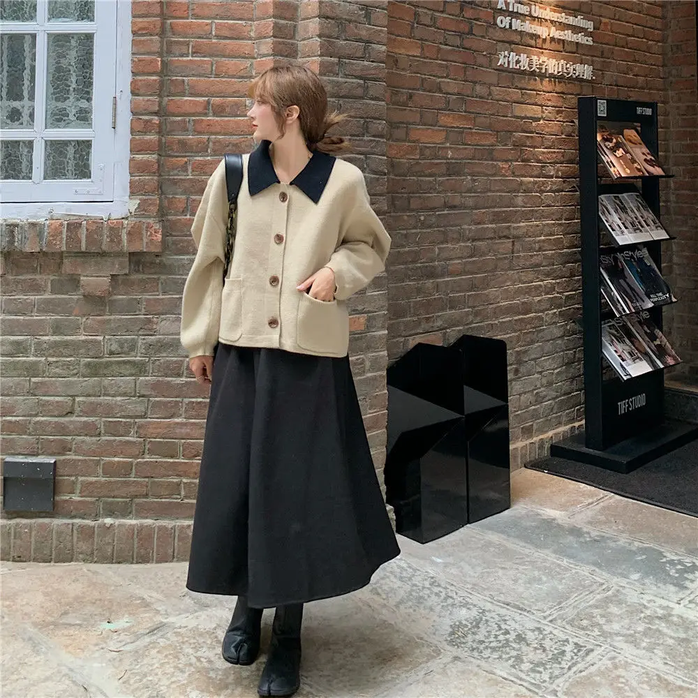 Sweaters Women Patchwork Warm Cardigans Loose Jumper Daily Outwear Korean Style Chic Turn-down Collar Knitted Retro Teens Female |