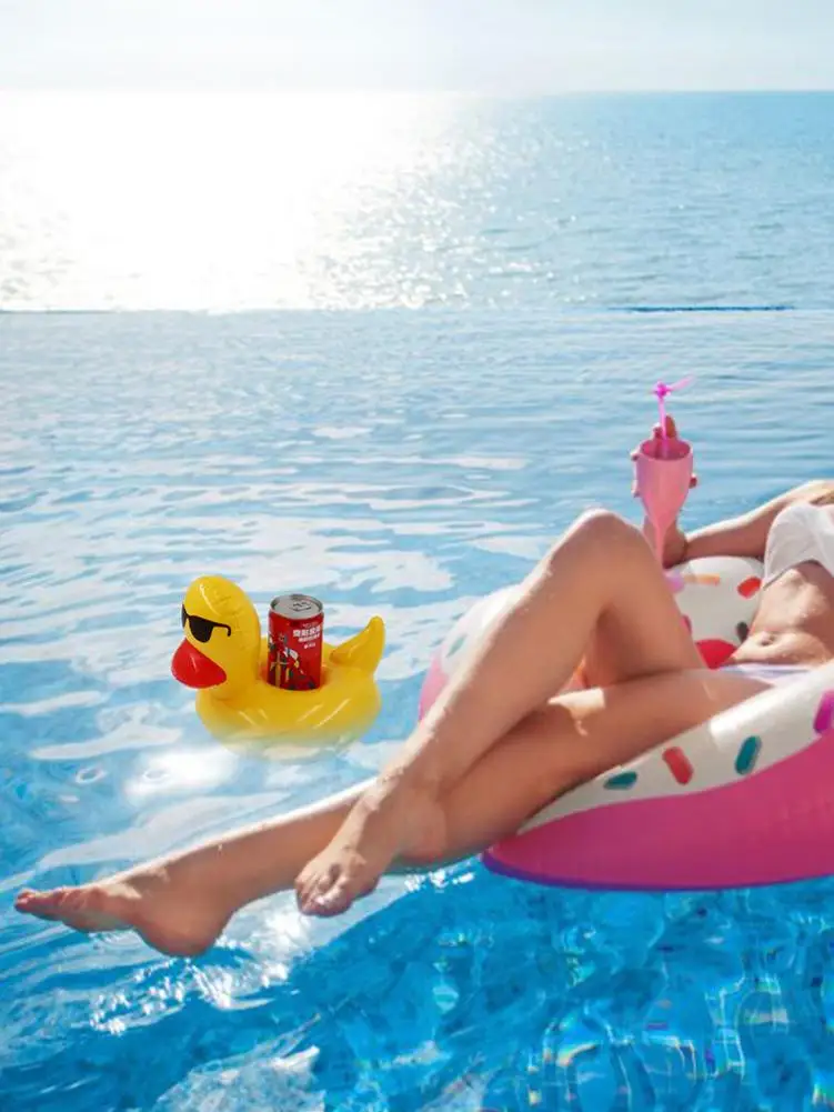 Monopat&iacute;n de pato amarillo para piscina, portavasos inflable flotante para bebidas, gafas de sol de verano-1
