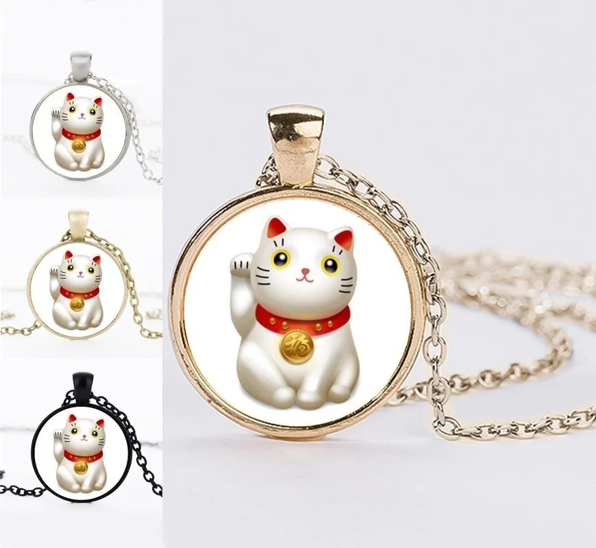 

DIY Handmade Lucky Cat Glass Cabochon Pendant Necklaces Maneki Neko Wealth Waving Cat Statement Jewelry Necklaces
