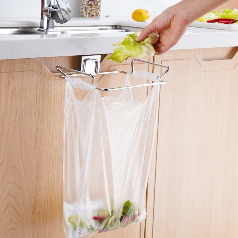 

1pc Kitchen Trash Rack Cabinet Door Garbage Bags Holder Stainless Steel Closet Garbage Storage Holder Garbage Bags Hanger Rack