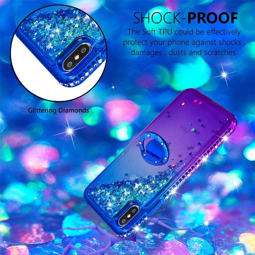 For iPhone 6 6S 7 8 Plus X XR XS Max Gradient Quicksand Series Glitter Protective Case With Ring Holder TPU Bumper Cushion Cover |