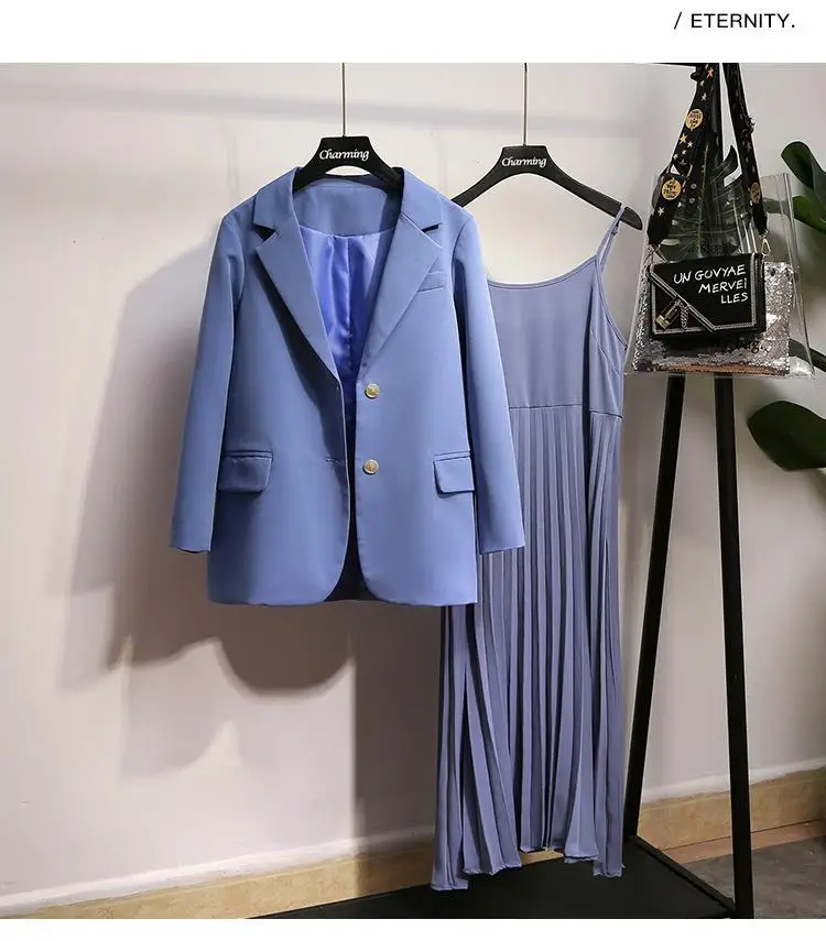 XL-5XL, женский костюм из двух предметов большого размера, Блейзер, осенне-зимний офисный костюм, Женская куртка+ плиссированное платье на бретелях, комплекты платьев больших размеров