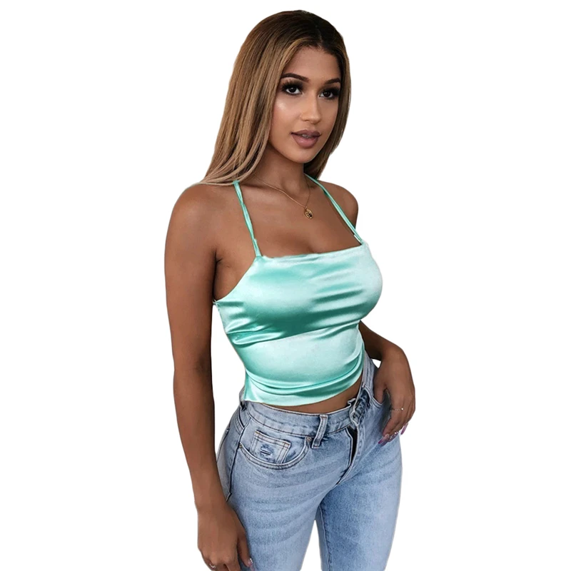 

Summer 2020 Satin Sexy Party Tops Backless Hollow Out Sleeveless Short Crop Tops Camisoles Streetwear White Lace Up Tank Tops