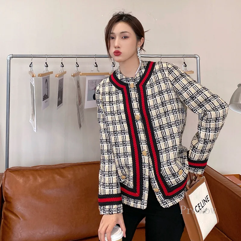 Женская твидовая куртка с люрексом шерстяное однобортное пальто контрастной