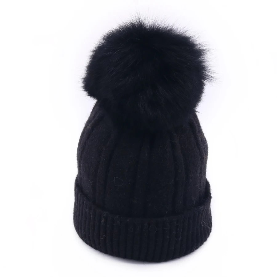 Зимняя женская вязаная шапка Skullies, Женская бини, шапка с настоящим помпон из лисьего меха, Роскошные плотные теплые уличные Лыжные шапки Gorro для девочек