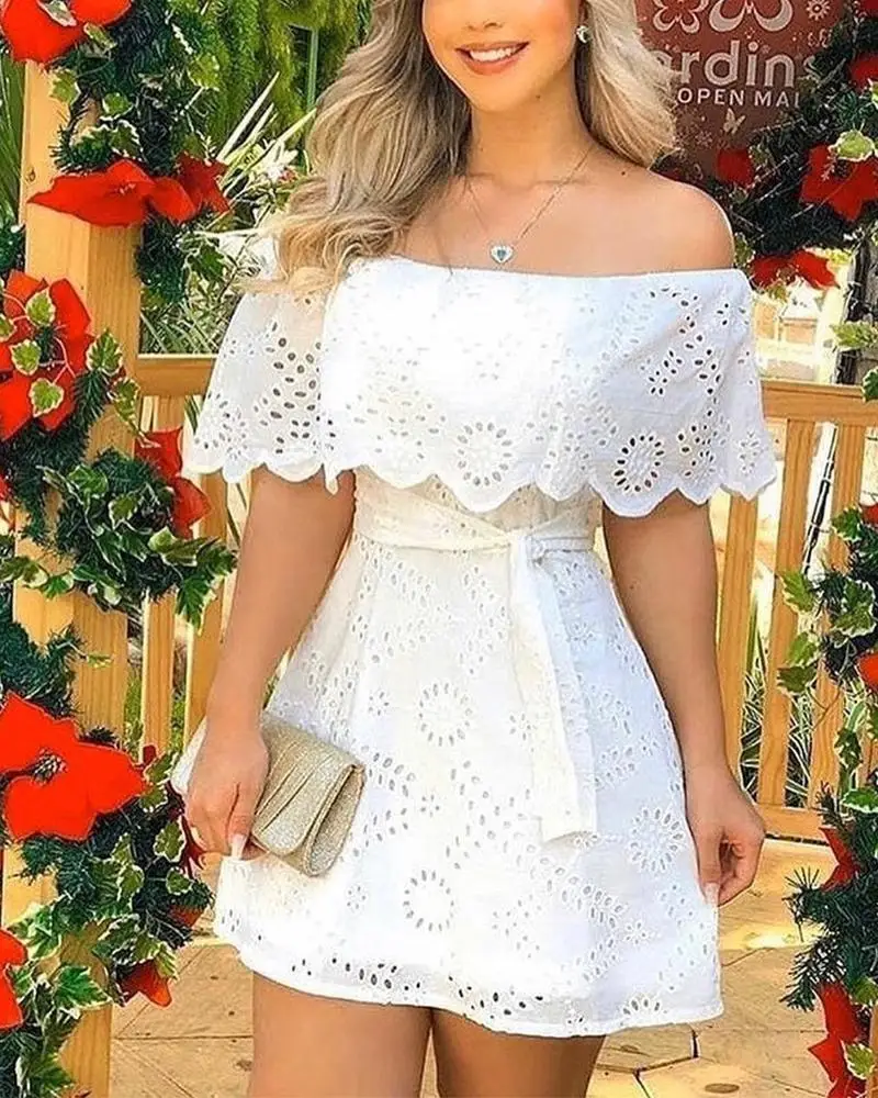 

European and American women's new white temperament short dress 2021 one-shoulder waist tie dress women