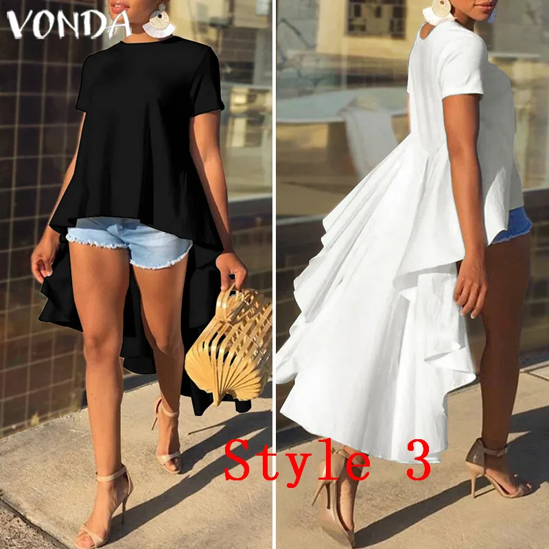 VONDA, Женская Асимметричная блузка, лето, повседневные, сексуальные, с разрезом, вечерние, топы, длинные, для девушек, офисные рубашки, туника размера плюс, блузки