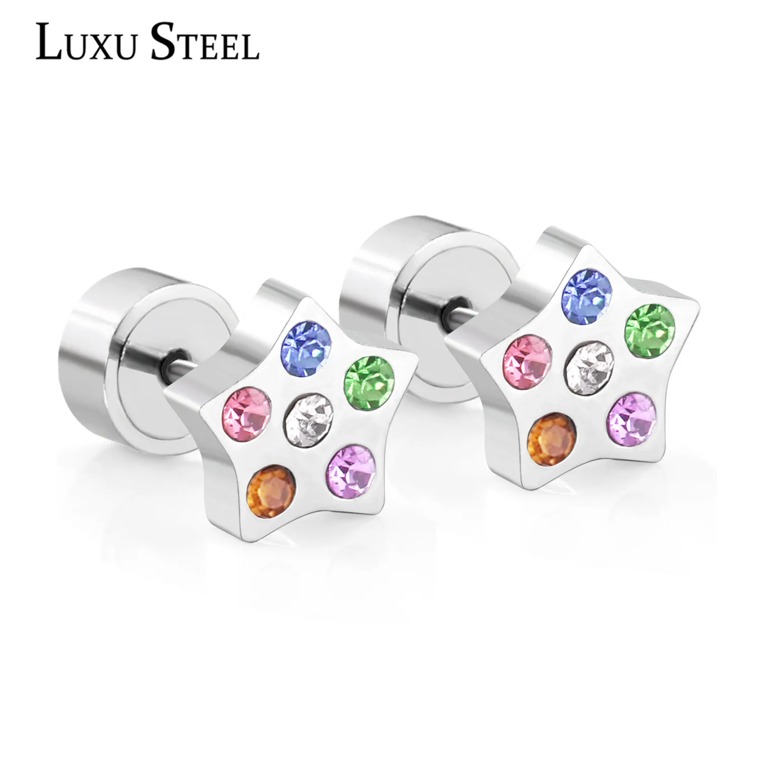 Женские серьги гвоздики LUXUSTEEL белые розовые цветные со звездами не вызывают