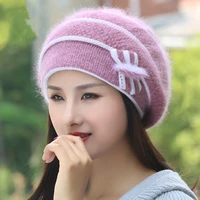 winter hats for women beret angora knit hat warm flower bow fashion double layers thermal snow caps berets femme