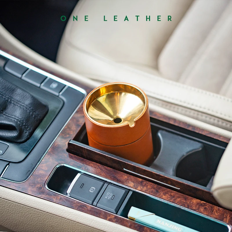 one leather Cowhide Leather Stainless Steel Car Ashtray Creative Home Office Designer Smoking Ash Tray Cigarette Accessories