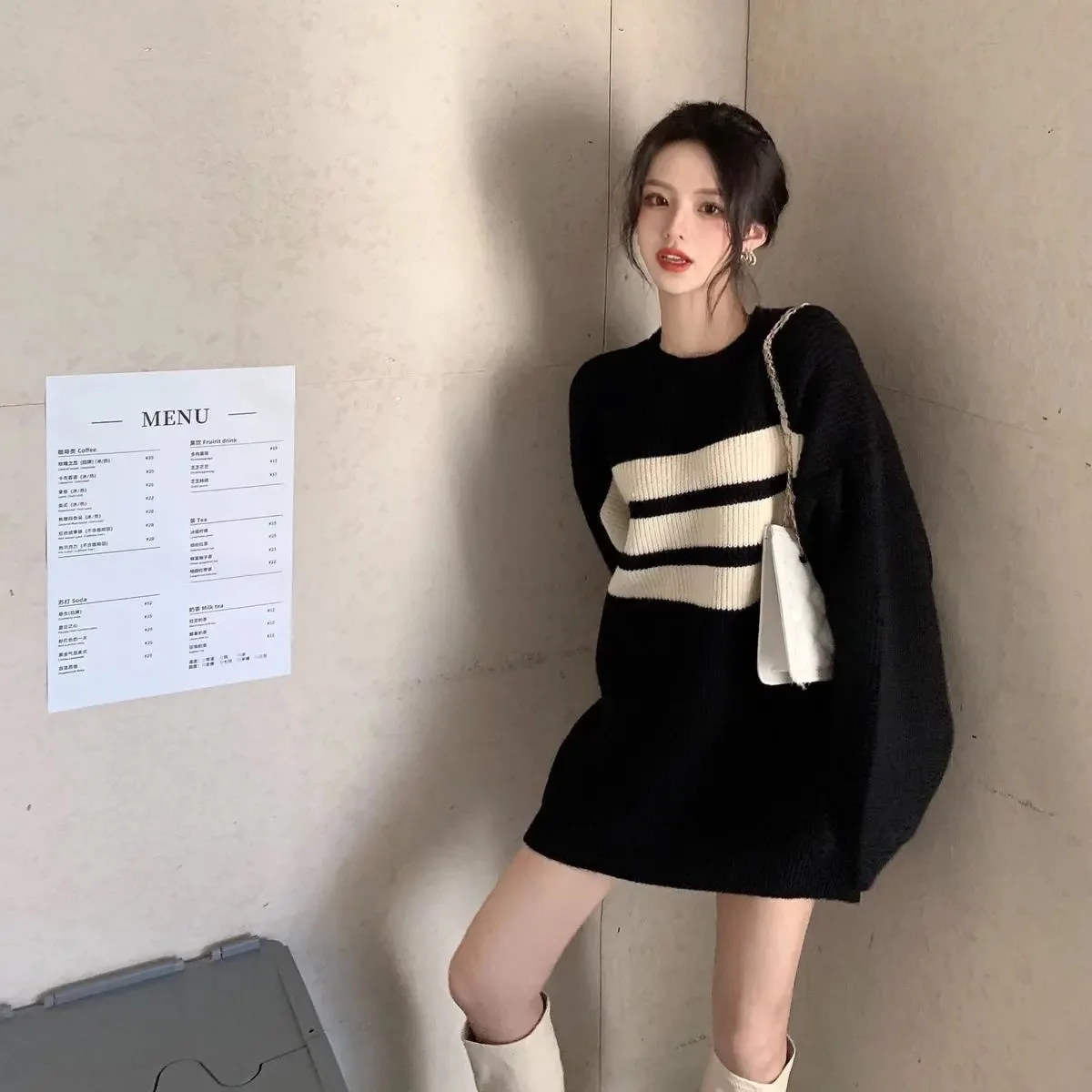 

Women's Mid-length Loose Sweater Horizontal Stripes Women's Knitted Pullovers Fashion Simple Versatile Lengthened Knitwear