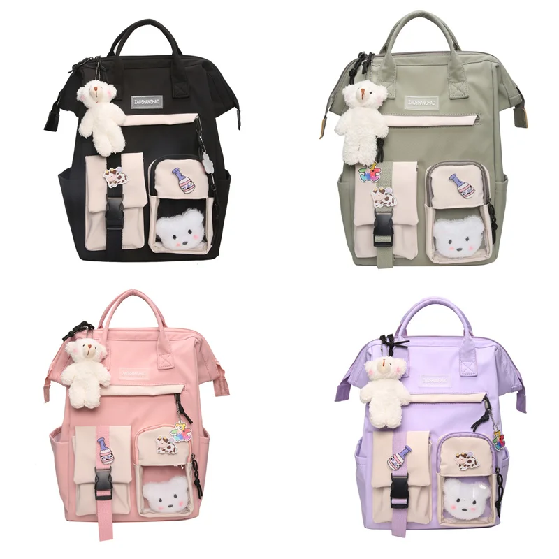 

Women Lightweight Backpack, Casual Daypack Large Capacity School Bag Rucksack with Cute Cartoon Bear Pendant for Students