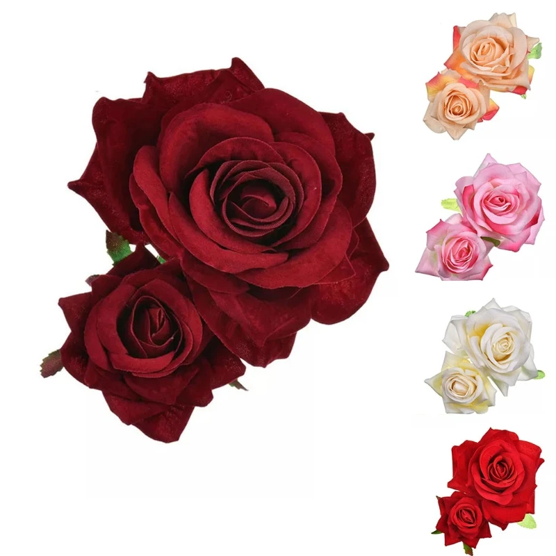 

Handmade Velvet Double Rose Flower Hair Clip Women Girls Wedding Flamenco Dancer Hairpins Bridal Bridesmaid Barrettes Hair