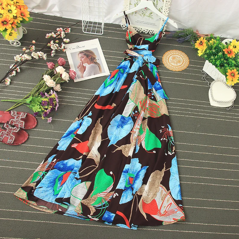 

summer novelty floral shoulder dress women's versatile V-neck sleeveless slim waist seaside holiday A-line trend