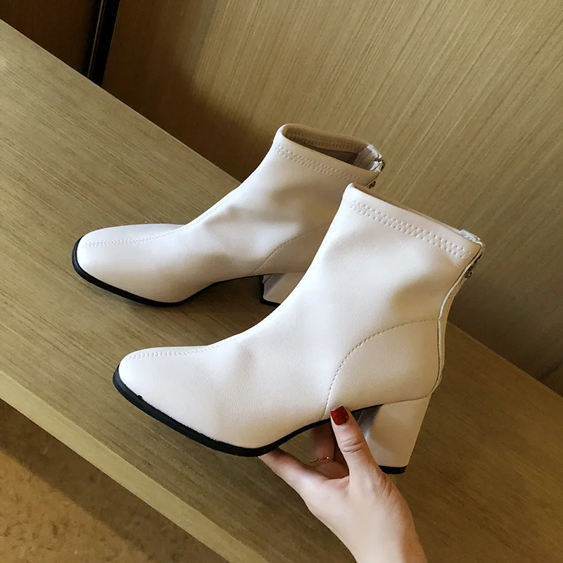 

Female thick with square head qiu dong high-heeled shoes head layer cowhide leather high heels boots Martin short boots