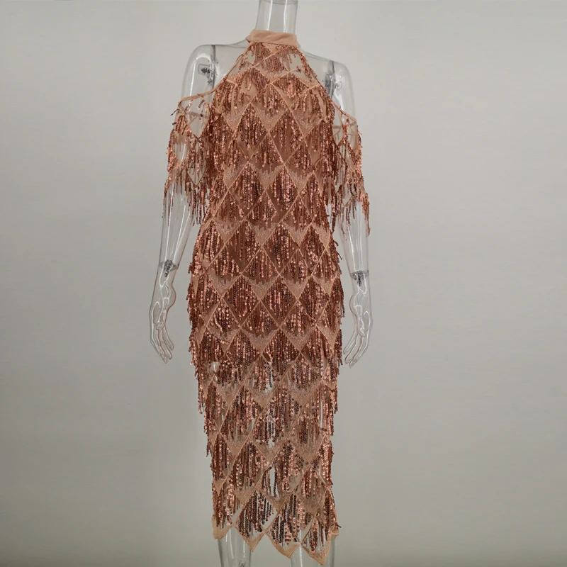 Сексуальное платье с открытыми плечами расшитое блестками женское элегантное до