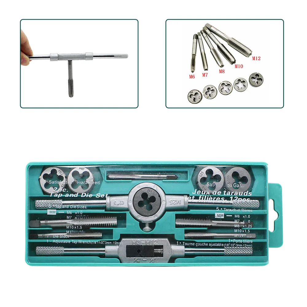 

12PCS Hand Taps Metric Handle Tap and Die Set M3-M12 Adjustable Wrench Screw Thread Plugs Straight Taper Drill Repair Kits