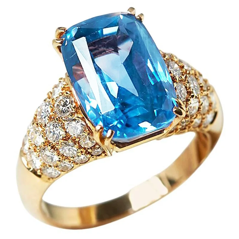 

Vintage Gold Plated Engagement Ring Shiny Sky Blue Cubic Zircon Stone Inlaid Rings For Women Fashion Wedding Jewelry Party Gift
