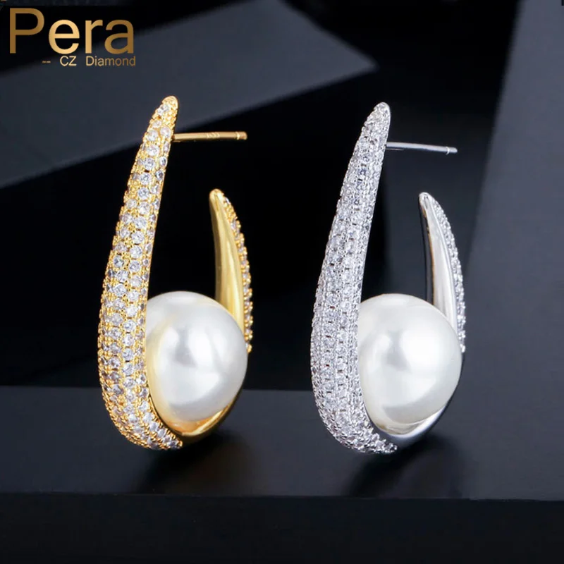 Pera Elegant Brilliant Women Big Round Pearl Cubic Zirconia Yellow Gold Circle Long Drop Earrings for Party Jewelry Gift E393 | Украшения и