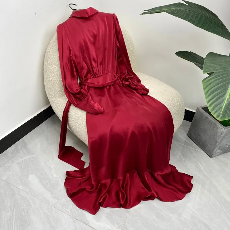 

2021 New Summer Women Fashion Solid A-line Long Sleeve Waist Self-tie Midi Dresses High Quality Silk