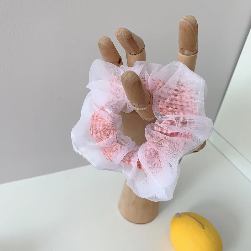 Summer Fashion Plaid Mesh Scrunchies Gum Hairband Hair Accessories Transparent Organza Rubber Band Gradient Rainbow |